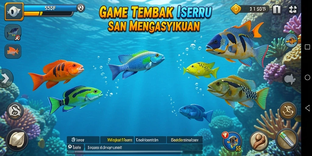 Tangkapan layar gameplay seru dari 555F menunjukkan aksi Tembak Ikan yang intens.