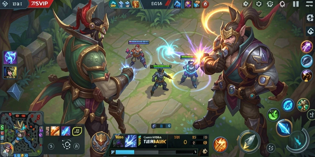 Screenshot gameplay 7SVIP dengan karakter bertarung di arena MOBA.