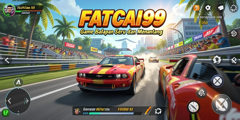 Screenshot gameplay FATCAI99 dengan mobil balap yang melaju cepat di lintasan.