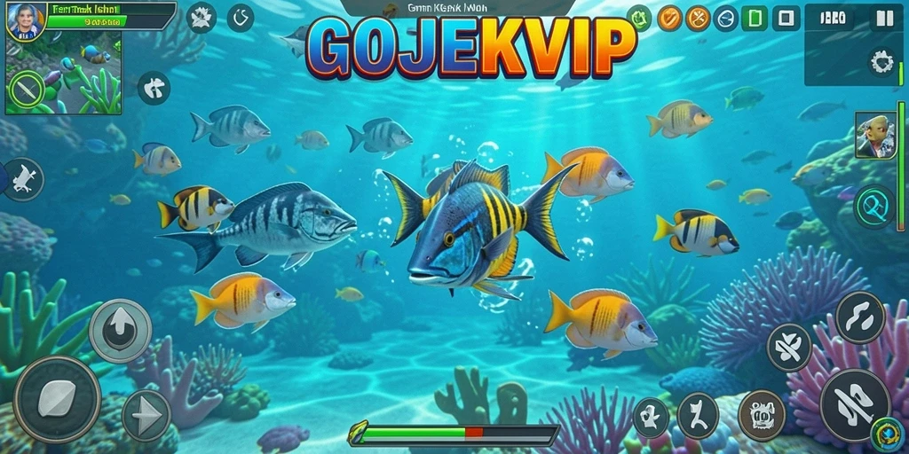 Screenshot gameplay GOJEKVIP menampilkan aksi seru menangkap ikan.