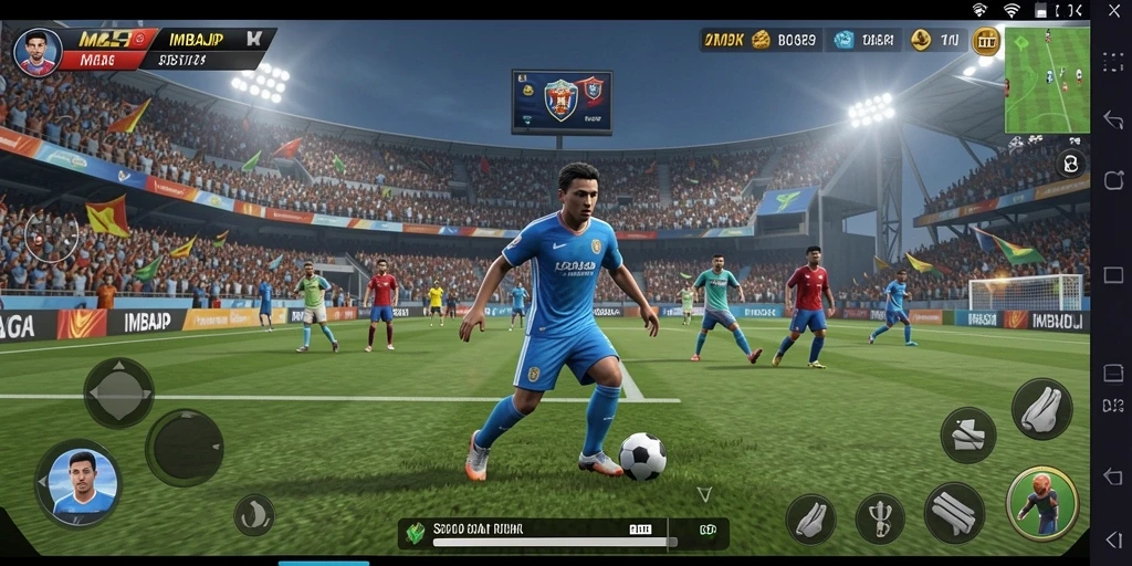 Screenshot gameplay IMBAJP yang menunjukkan aksi pertandingan sepak bola.