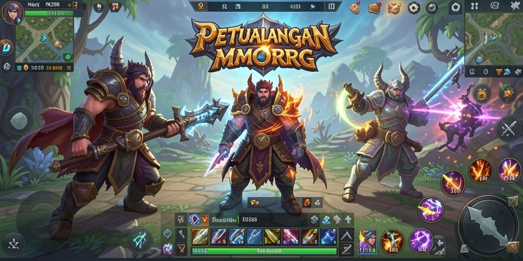 Screenshot menampilkan aksi seru dalam NEX288, memperlihatkan pertarungan epik dan eksplorasi.